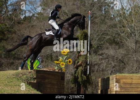 Raeford, Caroline du Nord, États-Unis. 26th mars 2022. SYDNEY ELLIOTT, des États-Unis, à cheval QC Diamantaire, participe au concours CCI4* de cross-country au Carolina International CCI and Horse Trial, le 26 mars 2022 au Carolina Horse Park à Raeford, en Caroline du Nord. Le Carolina International CCI and Horse Trial est l'un des principaux concours d'événants en Amérique du Nord pour les combinaisons d'événants nationales et internationales, accueillant les niveaux CCI1*-S à CCI4*-S et les niveaux nationaux de formation par Advanced. (Image de crédit : © Timothy L. Hale/ZUMA Press Wire) Banque D'Images