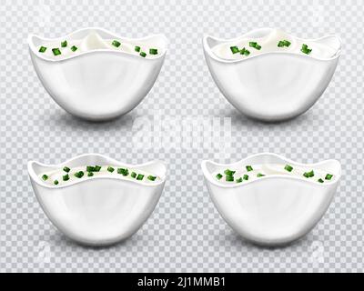 Bol avec sauce, crème, mayonnaise ou yaourt avec ensemble de tranches d'oignons verts. Tasses en céramique blanche isolées avec produits laitiers frais, fromage crémeux, aigre Illustration de Vecteur