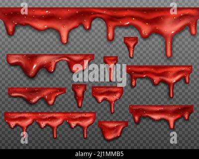 Jeu de gouttes de confiture de fraise réalistes, éclaboussures de baies rouges liquides, bordure lisse de goutte brillante avec gouttes, texture de sirop de fruit de flux est Illustration de Vecteur