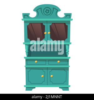 Placard de cuisine de style baroque avec étagères et portes en verre. Armoire Vector vert vintage, mobilier pour le stockage et la vaisselle d'exposition isolée sur W Illustration de Vecteur