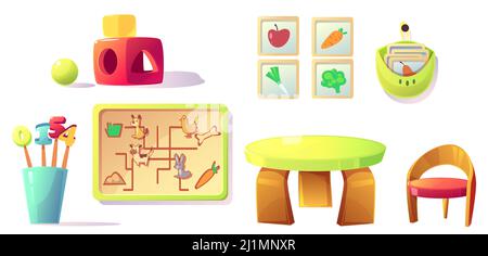 Montessori matériel de maternelle et jouets pour salle de jeux, cours d'école élémentaire. Meubles en bois table, chaise, matériel d'enseignement trieurs, chiffres an Illustration de Vecteur