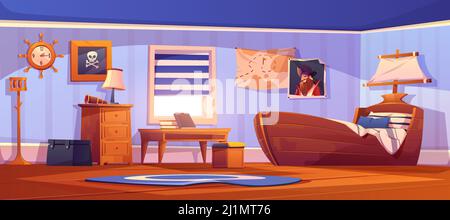 Chambre d'enfants à thème pirate avec lit de bateau, portrait de capitaine et drapeau de pirate sur le mur. Illustration vectorielle de la pièce vide pour enfants W Illustration de Vecteur