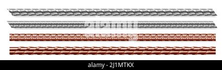 Tiges métalliques, barres d'acier et de cuivre isolées sur fond blanc. Barres d'armature en fer renforcé pour les travaux d'ingénierie de construction, métalliques rigides Illustration de Vecteur