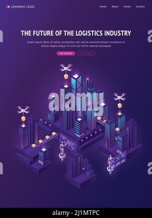 Bannière de l'industrie logistique. Technologie d'expédition autonome. Illustration isométrique vectorielle de la ville intelligente avec boîtes en carton de livraison de drones, Illustration de Vecteur