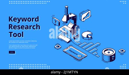 Bannière d'outil de recherche de mots-clés avec icônes isométriques sur fond bleu. Page de renvoi Vector du service d'optimisation SEO avec panneaux d'outils, microscope, sm Illustration de Vecteur