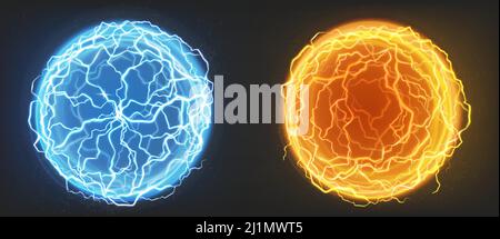 Boules électriques, sphères de plasma, coup de foudre de cercle dans les couleurs bleu et orange. Décharge électrique puissante, flash d'énergie magique isolé sur le bla Illustration de Vecteur