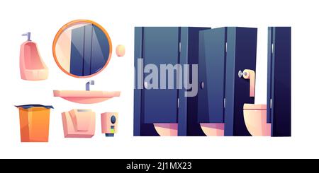 toilettes publiques intérieures. Cuvettes de toilettes dans les cabines, lavabo, miroir, poubelle et urinoir pour toilettes ou WC. Mobilier de toilette de dessin animé vectoriel pour sch Illustration de Vecteur