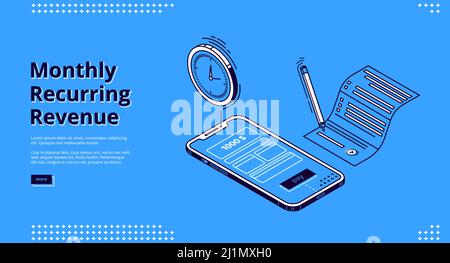 Bannière mensuelle de revenus récurrents. Rémunération et paiements fixes, concept MRR. Page d'arrivée vectorielle de revenu récurrent avec icônes isométriques de factures sur s. Illustration de Vecteur