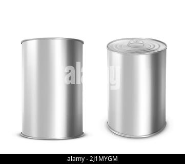 Boîte en métal pour la vue de face et d'angle des aliments. Maquette vectorielle réaliste de conteneur en aluminium vierge avec couvercle à tirer sur anneau. Canister rond en acier pour soupe, Illustration de Vecteur
