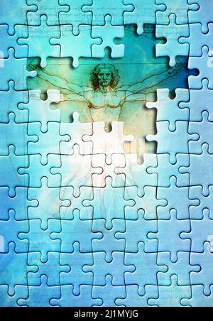 Puzzle avec pièces manquantes et Leonardo da Vinci Vitruvian homme Banque D'Images