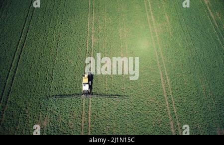 Utiliser les pesticides sur le thème du champ agricole. Le tracteur applique du produit chimique dans l'herbe au-dessus de la vue de dessus Banque D'Images