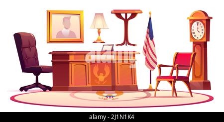 Mobilier de bureau ovale dans la maison blanche. Éléments intérieurs de dessin animé vectoriel de cabinet américain presedent, bureau et chaise en cuir, horloge rétro en bois, f Illustration de Vecteur
