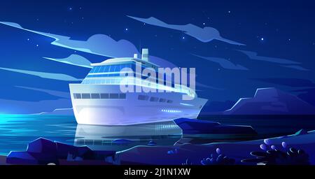 Croisière en mer la nuit. Bateau moderne, voilier de luxe avec hublots lumineux amarrés dans le port maritime sur terre tropicale. Navire à passagers sur Dark wa Illustration de Vecteur