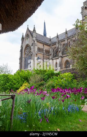 Cathédrale notre-Dame d'Arundel et Saint Philip Howard, vue depuis la maison d'été en chaume dans les jardins du château d'Arundel, West Sussex, Angleterre, Royaume-Uni Banque D'Images