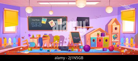 Salle désordonnée dans la maternelle avec des dessins sur les meubles, l'image de fond et les déchets. Intérieur de dessin animé vectoriel de la salle de jeux pour enfants avec des murs sales, bureau et chaise, s Illustration de Vecteur