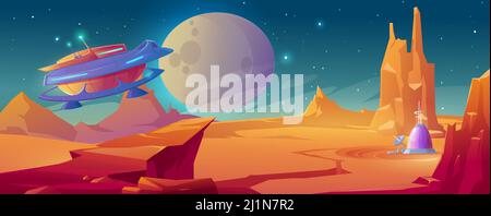Paysage de la planète Mars avec base de colonie et fusée volante. Dessin animé vectoriel illustration futuriste de la surface de la planète rouge étranger, vaisseau spatial et dôme bu Illustration de Vecteur