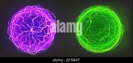 Boules électriques, coup de foudre, boules plasma de couleur pourpre et verte. Décharge électrique puissante, flash d'énergie magique isolé sur noir Illustration de Vecteur