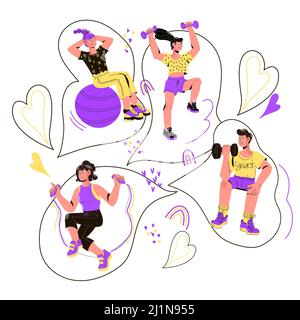 Les personnes faisant divers exercices de sport. Activités de fitness, entraînement sportif et entraînement sportif, illustration vectorielle plate isolée sur fond blanc. Illustration de Vecteur