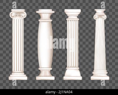 Colonnes romaines anciennes, décoration en marbre. Vecteur réaliste antique pierres blanches grecques avec des capitales dans doric, corinthian, ionique et toscan St Illustration de Vecteur