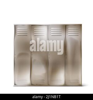 Vieux casiers en acier avec des bosses dans le couloir de l'école ou vestiaires dans la salle de gym. Boîtiers métalliques à rumse réalistes Vector avec portes fermées dans le sport ou la forme physique Illustration de Vecteur