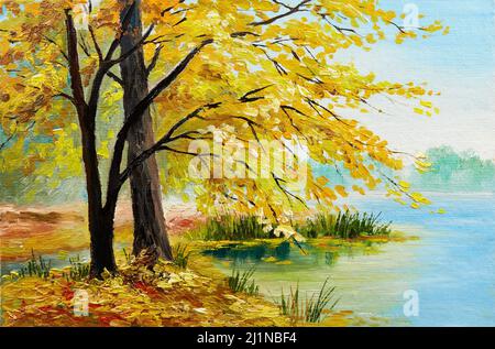 Peinture à l'huile - Forêt et lac d'automne colorés Banque D'Images