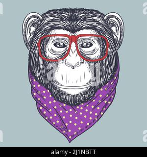 Singe chimpanzé dessiné à la main portant des lunettes rouges et un point de polka de bandana Illustration de Vecteur