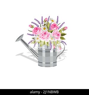 Arrosoir avec un bouquet de fleurs. Illustration de Vecteur