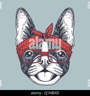 Chien de taureau français dessiné à la main portant des lunettes rouges et un bandana à pois Illustration de Vecteur