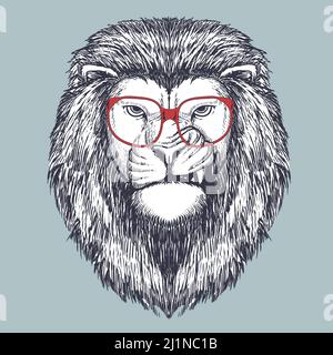 Lion dessiné à la main avec des lunettes rouges Illustration de Vecteur