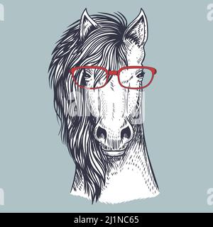 Cheval sourire tiré à la main portant des lunettes rouges Illustration de Vecteur