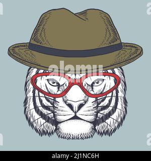 Tête de tigre tirée à la main portant des lunettes rouges et un chapeau Illustration de Vecteur