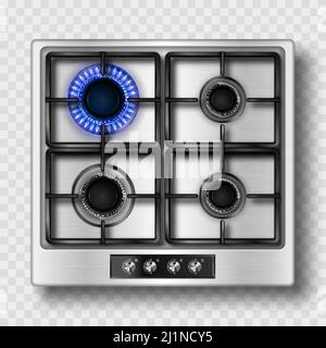 Cuisinière à gaz vue sur le dessus avec une flamme bleue et une grille en acier noir. Brûleur de cuisine avec plaques de cuisson allumées et éteintes. Vecteur 3d réaliste brûlant propane butane flamme en co Illustration de Vecteur