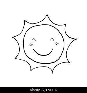 Icône de l'art de la ligne du sourire au soleil heureux. Smiley avec les yeux fermés illustration de ligne mince. Bonne humeur. Symbole de contour d'émoticône. L'été. Contour vectoriel isolé Illustration de Vecteur