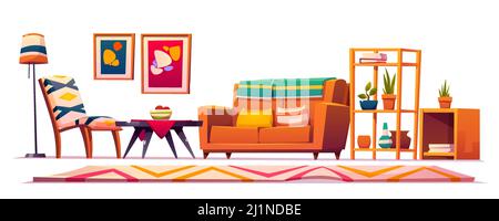 Boho, intérieur de salon bohème, meubles en bois, canapé, étagère avec plantes, chiffon avec motif géométrique, tableaux abstraits sur le mur, table basse, Illustration de Vecteur