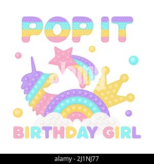 POPIT anniversaire fille sublimation dans le style de jouet de figet. Texte d'anniversaire « Bubble pop IT ». Pop IT t-shirt comme un jouet en silicone tendance pour le violon - rai Illustration de Vecteur