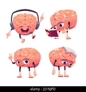 Personnages de cerveau, mascotte de dessin animé mignon avec drôle de visage musique d'écoute dans le casque, livre de lecture, salutation, souffrent de maux de tête. Triste, heureux, souriant emot Illustration de Vecteur