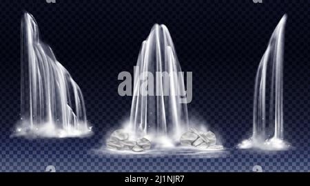 Cascades isolées sur fond transparent. Vecteur réaliste chute d'eau de rivière avec cascade, éclaboussures, brouillard et rochers. Ensemble de flux de liquide, débit de p Illustration de Vecteur