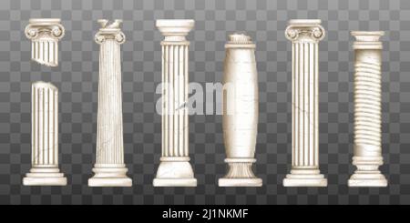 Colonnes romaines anciennes, architecture baroque en marbre. Vecteur réaliste vieux brisés anciens piliers grecs avec des capitales en doric, corinthien, ionique et tu Illustration de Vecteur