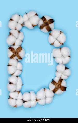 Lettre D en fleurs de coton et isolée sur fond bleu Uni. Concept de l'alphabet floral. Une lettre de l'ensemble de police de coton facile à empiler. Banque D'Images