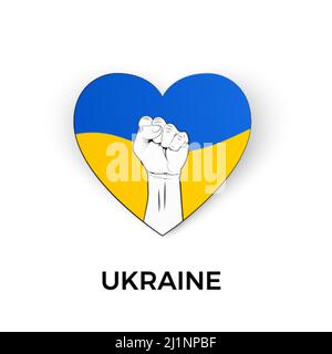 Silhouette de coeur dans les couleurs du drapeau national ukrainien et le symbole du poing. Soutenir l'Ukraine dans la guerre. Mettre fin à l'invasion militaire. Sauvez l'être humain et donnez-lui de l'espoir. VEC Illustration de Vecteur