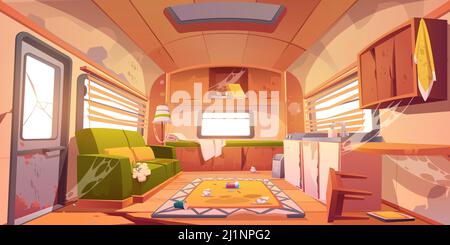 Vieux intérieur sale de la cabine de camping avec des meubles cassés. Illustration vectorielle de la fourgonnette de camping abandonnée avec désordre, fissure dans le sol, canapé déchiré, déchets Illustration de Vecteur