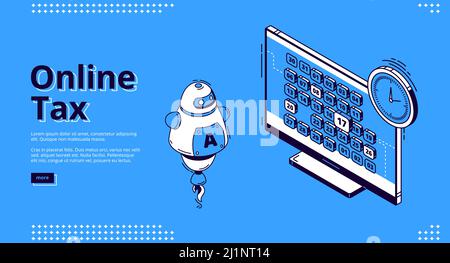 Page de renvoi isométrique de taxe en ligne. Ai robot avant de bureau d'ordinateur avec calendrier et horloge. Technologie intelligente pour la comptabilité bancaire, application pour Illustration de Vecteur