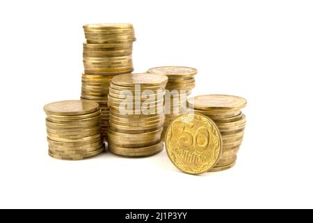 pièces d'or isolées sur blanc. Pièces ukrainiennes Banque D'Images