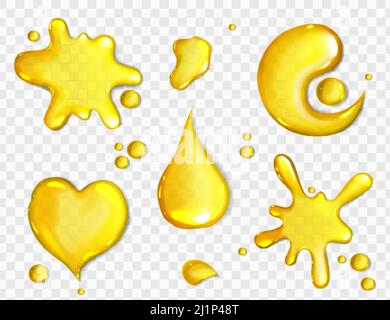 Déversements de jus ou d'huile jaune isolés sur fond transparent. Vecteur ensemble réaliste de flaques liquides en forme de coeur, blob et Yin Yang, orange Illustration de Vecteur