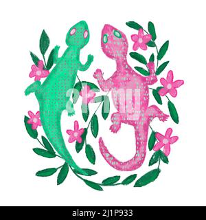 Illustration dessinée à la main de lézard rose et vert, animal amphibien coloré de style folklorique avec des branches de feuilles vertes et des fleurs sur fond floral Banque D'Images