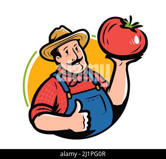 Personnage fermier de dessin animé avec emblème de tomate. Illustration vectorielle du logo légumes frais biologiques Illustration de Vecteur