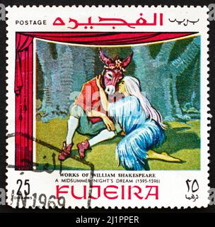 FUJEIRA - VERS 1969 : un timbre imprimé dans la Fujeira montre scène du rêve de la nuit d'été, Comedy Play par William Shakespeare, vers 1969 Banque D'Images