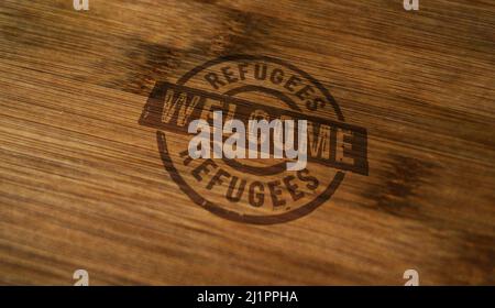 Timbre de bienvenue des réfugiés imprimé sur une boîte en bois. Migration et aide humanitaire au cours de la crise. Banque D'Images