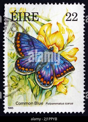 IRLANDE - VERS 1985: Un timbre imprimé en Irlande montre le bleu commun, Polyommatus Icarus, papillon, vers 1985 Banque D'Images