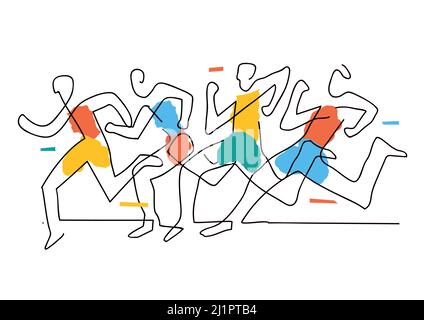 Course à pied, dessin stylisé. Illustration expressive d'un groupe de coureurs. Conception de dessin en ligne continue. Vecteur disponible. Illustration de Vecteur